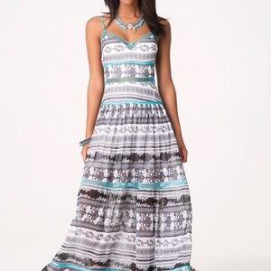 bebe White Maxi Dress with Teal & Gray Stripe Details